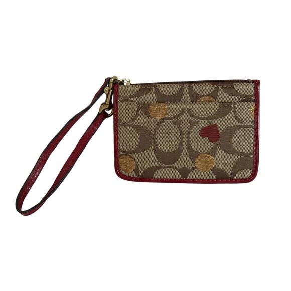 COACH! ADORABLE TAN MONOGRAM W/GOLD DOTS & HEART, RED LEATHER WRISTLET, WALLET! - Picture 4 of 11